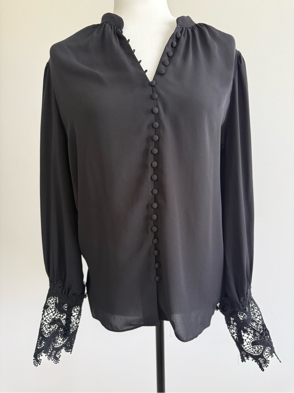 Melanie Lyne Classic Black Button-Front Blouse with Lace Cuffs